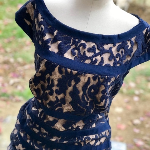 Tadashi Shoji Lace Bandage Dress Blue/Nude - Picture 4 of 8